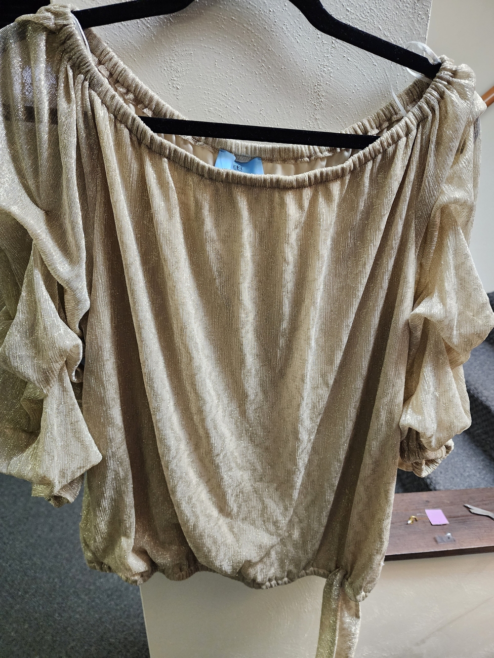 CeCe XL Metallic Gold Off-Shoulder Ruffle Sleeve Blouse